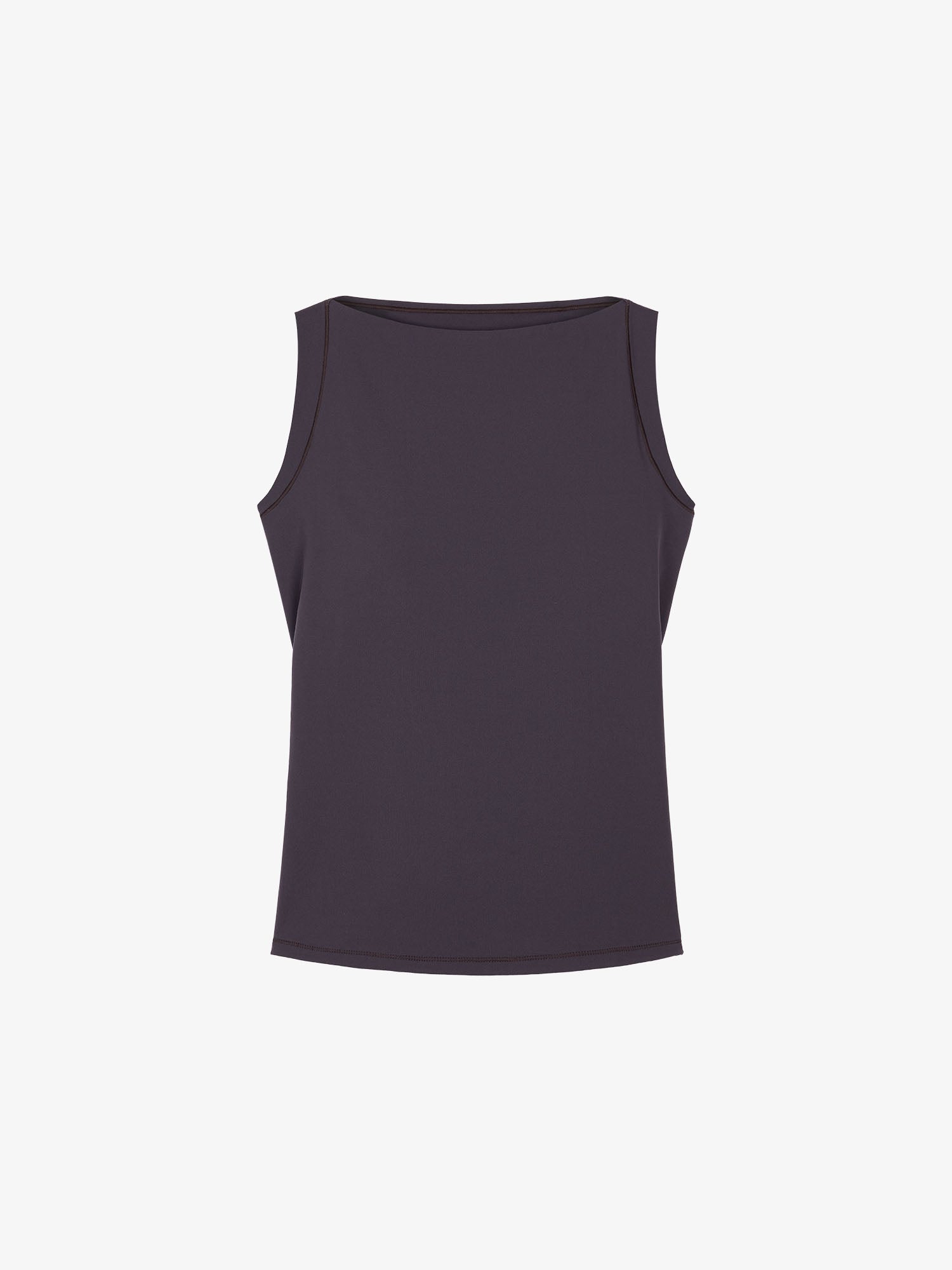 Black tank top flatlay on a white background.