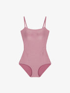 Flat lay of pink one piece swimsuit