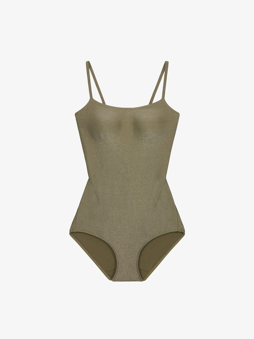 Flat lay of olive green one piece swimsuit