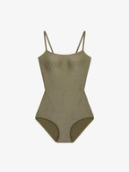 Flat lay of olive green one piece swimsuit