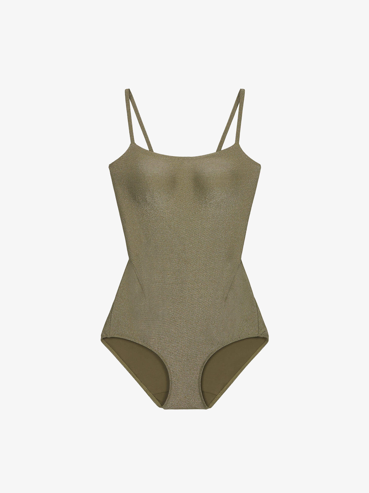 Flat lay of olive green one piece swimsuit