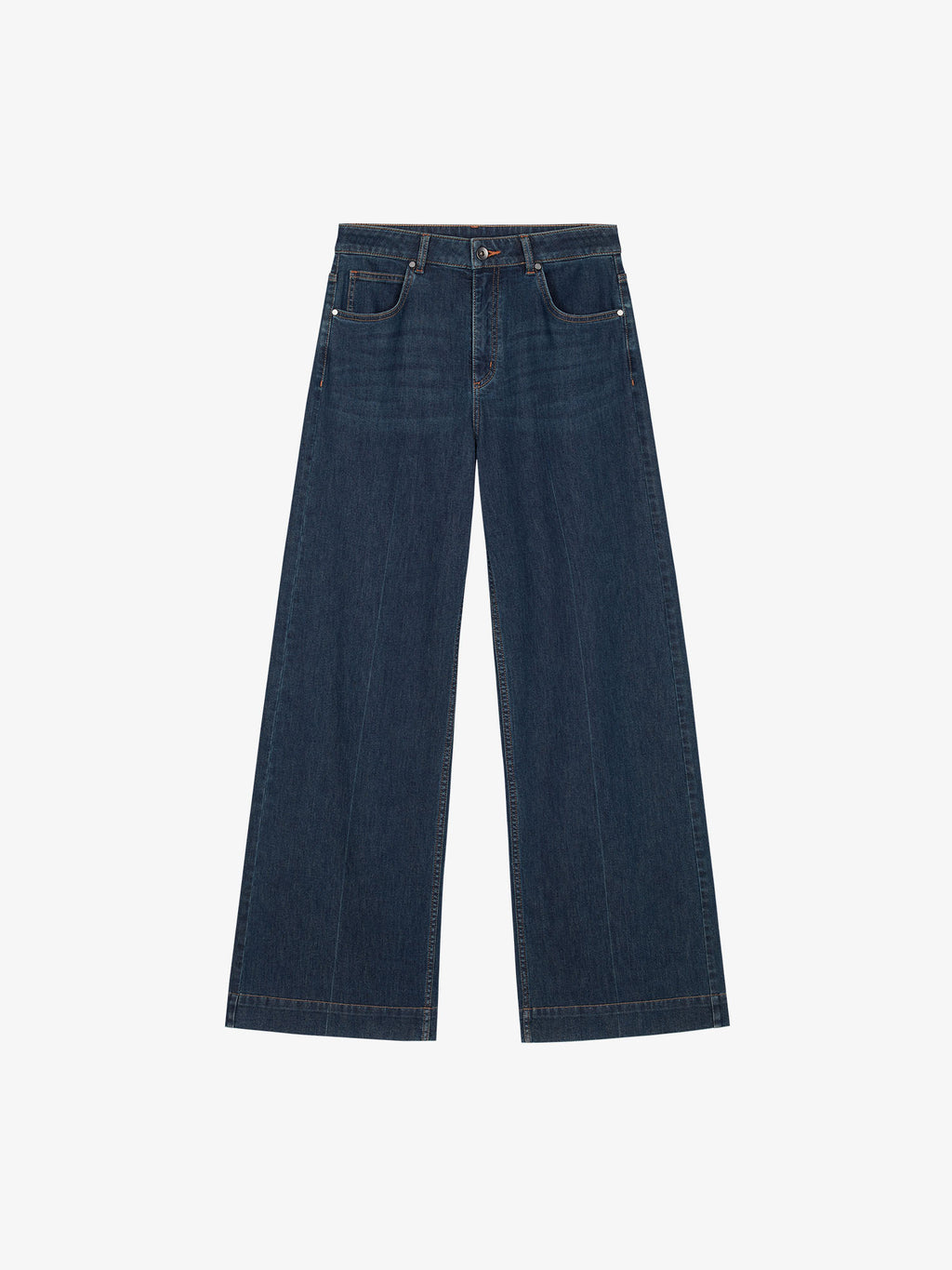 Flat lay of dark blue denim jeans.