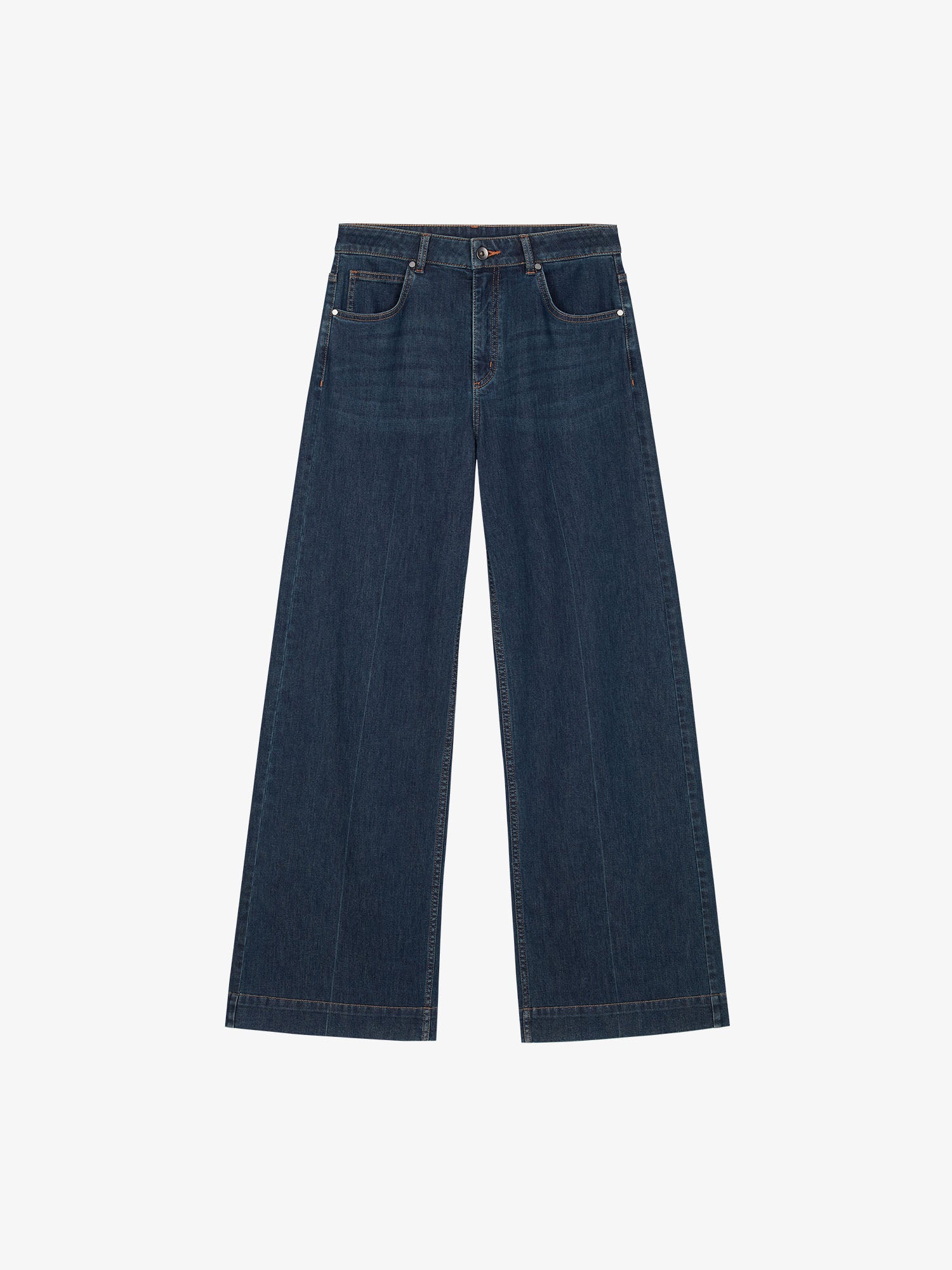 Flat lay of dark blue denim jeans.