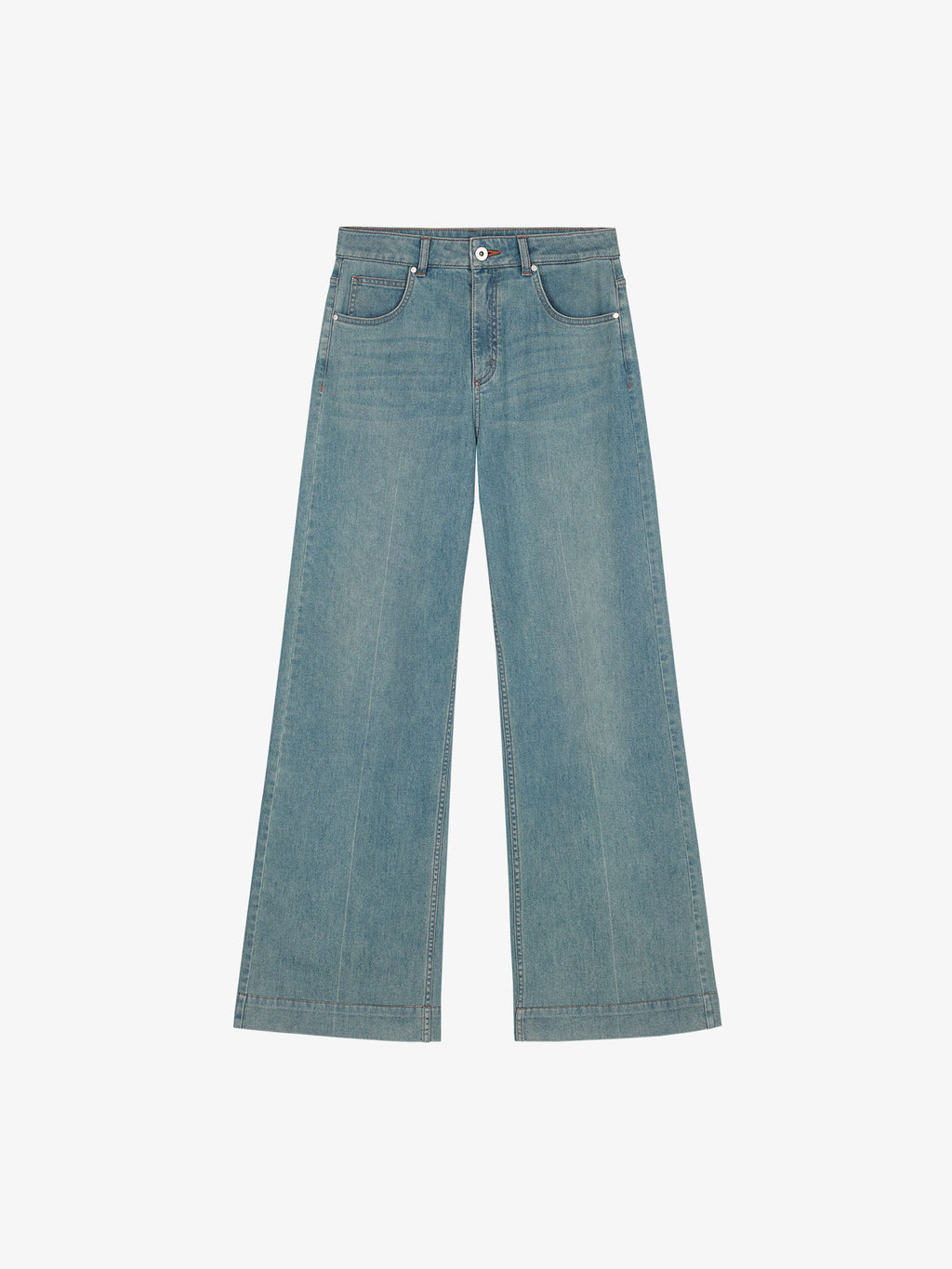 Flat lay of light blue denim jeans.