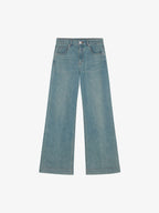 Flat lay of light blue denim jeans.