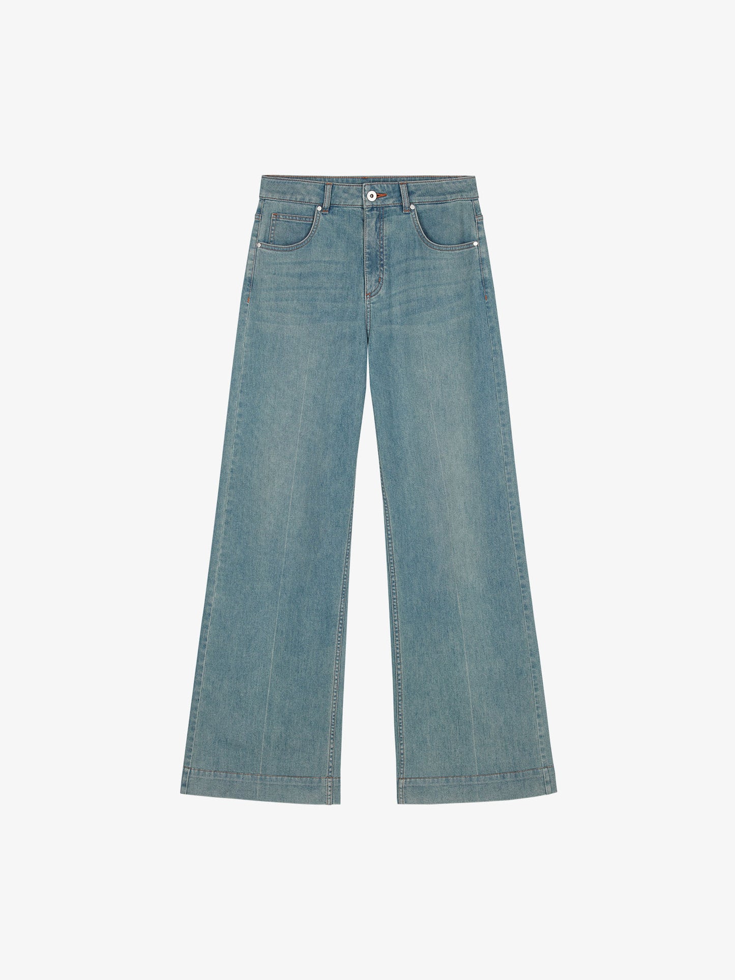 Flat lay of light blue denim jeans.