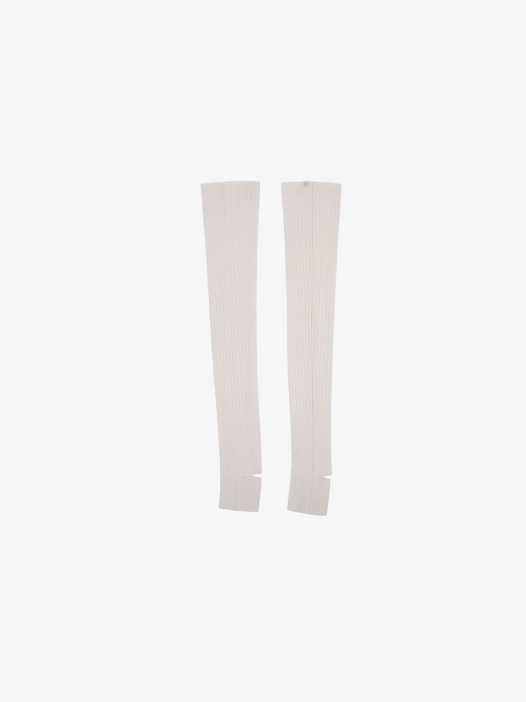 Flat lay of white leg warmers. 