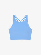 Flat lay of light blue sports bra