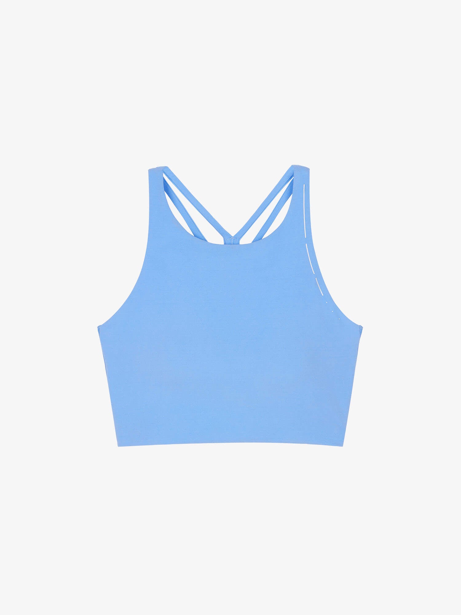 Flat lay of light blue sports bra
