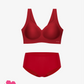 Matching red bra and brief with flower badge in botton left corner saying NEW