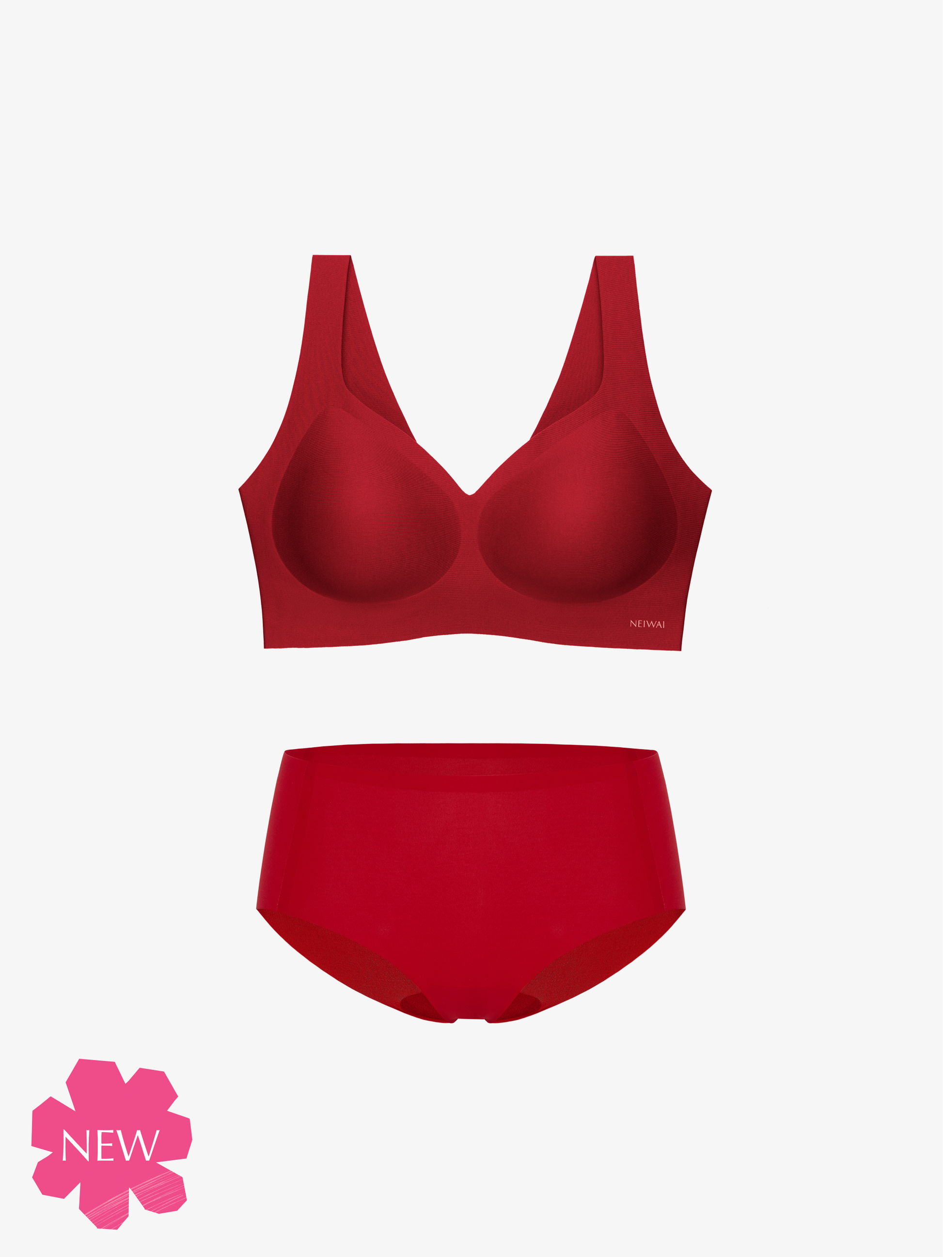 Matching red bra and brief with flower badge in botton left corner saying NEW