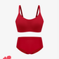 Matching red bra and brief with flower badge in botton left corner saying NEW