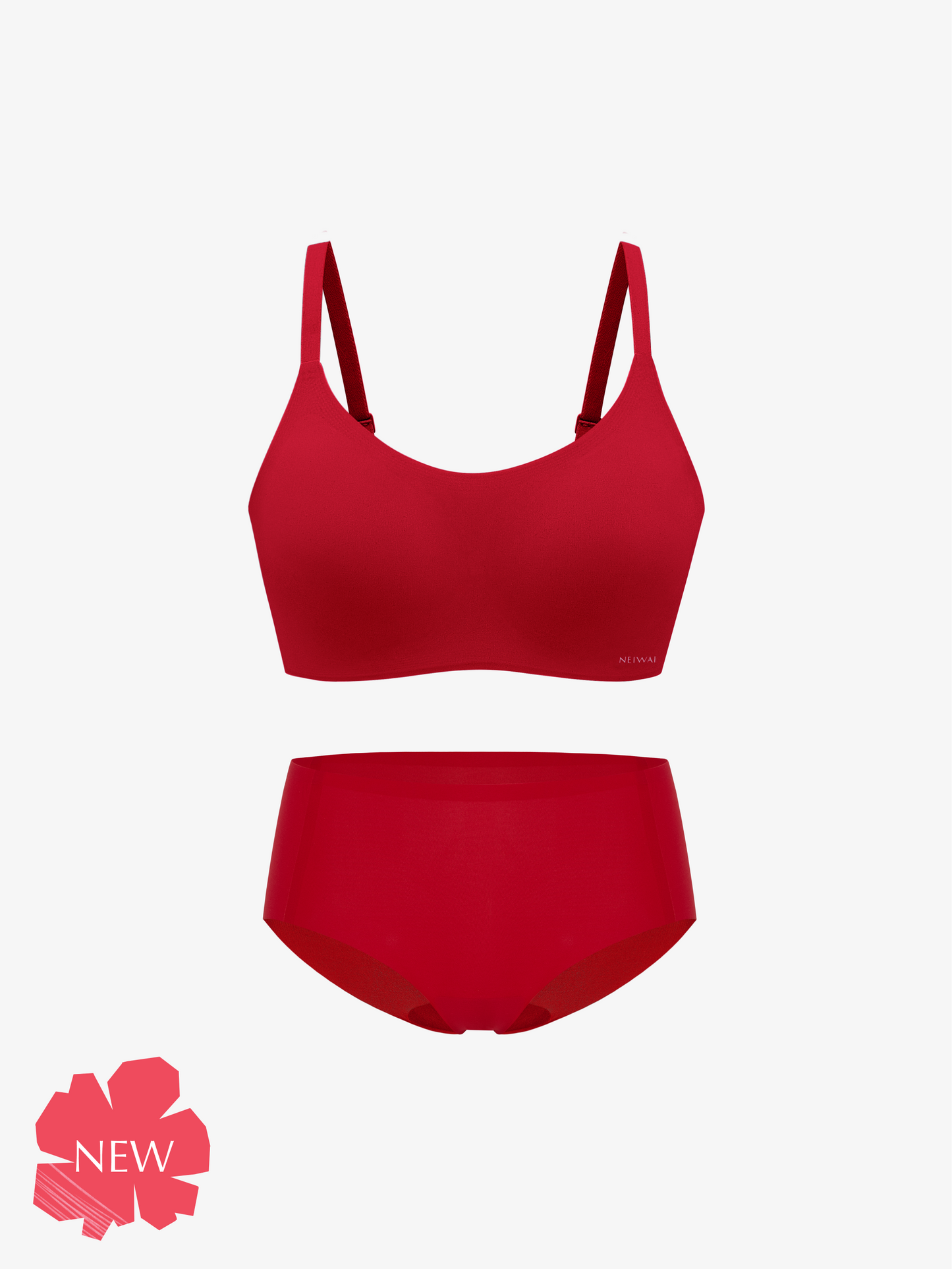 Matching red bra and brief with flower badge in botton left corner saying NEW