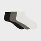three pack of men's socks include black, dark grey and white