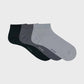 three pack of men's socks include black, dark grey and light grey