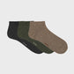 three pack of men's socks include dark blue, dark green and brown