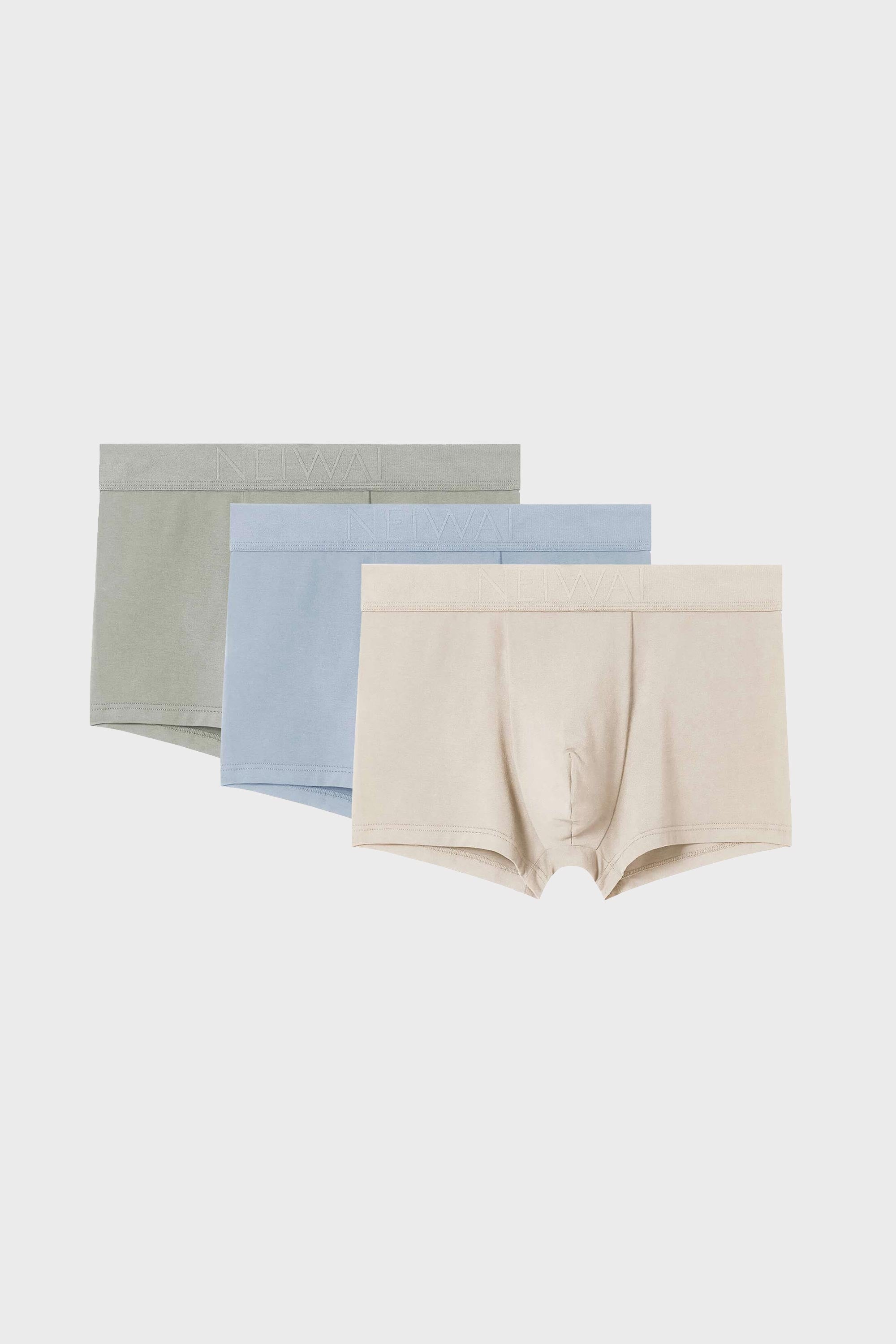 three men's briefs in olive blue and beige