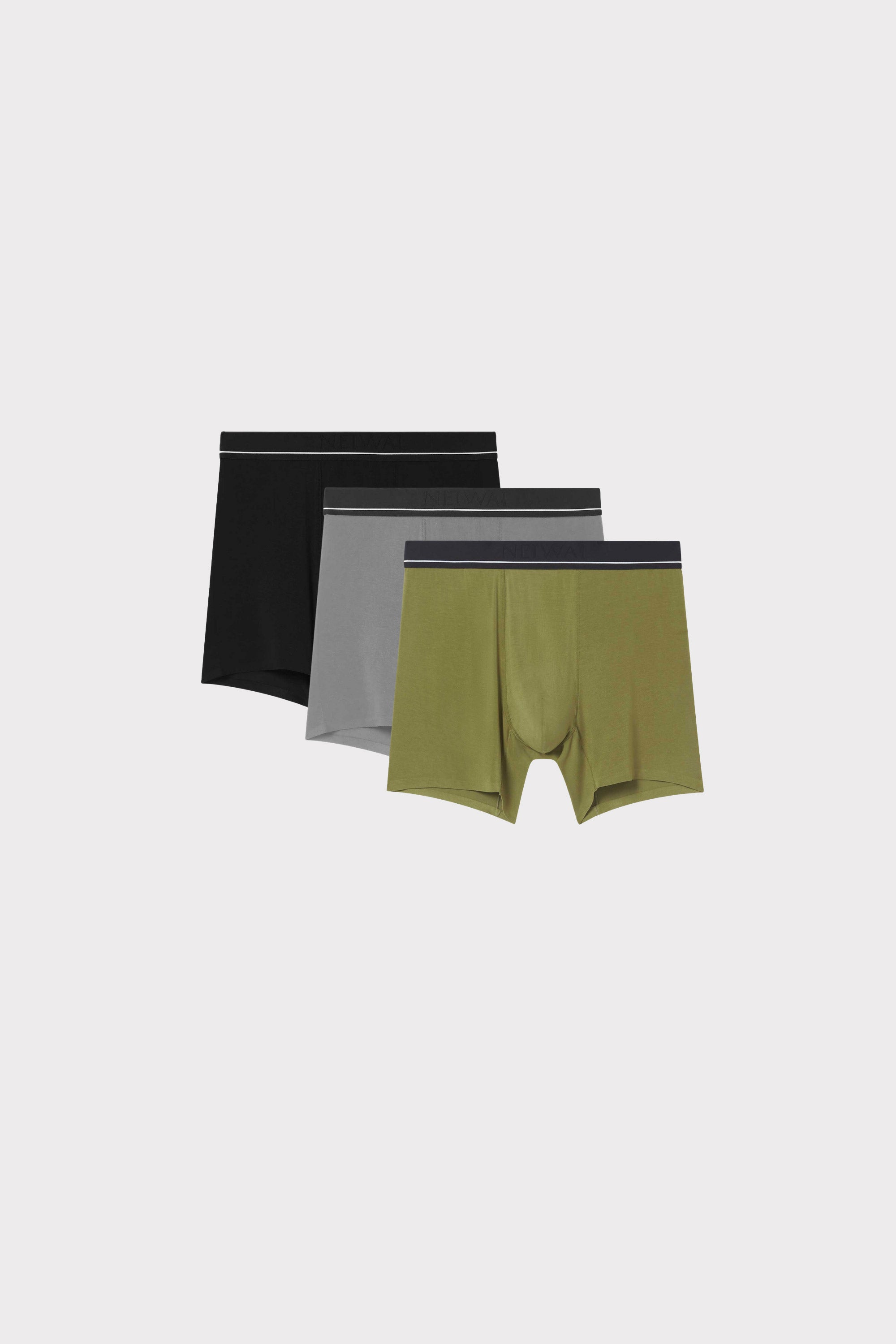 three briefs in blue, green, and grey