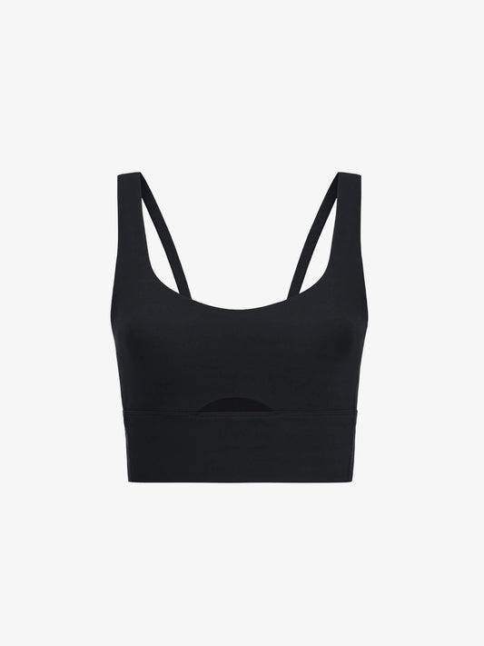 flat lay of black long sports bra