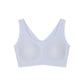 Flat lay image of blue bra with thick straps