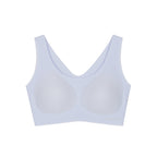 Flat lay image of blue bra with thick straps