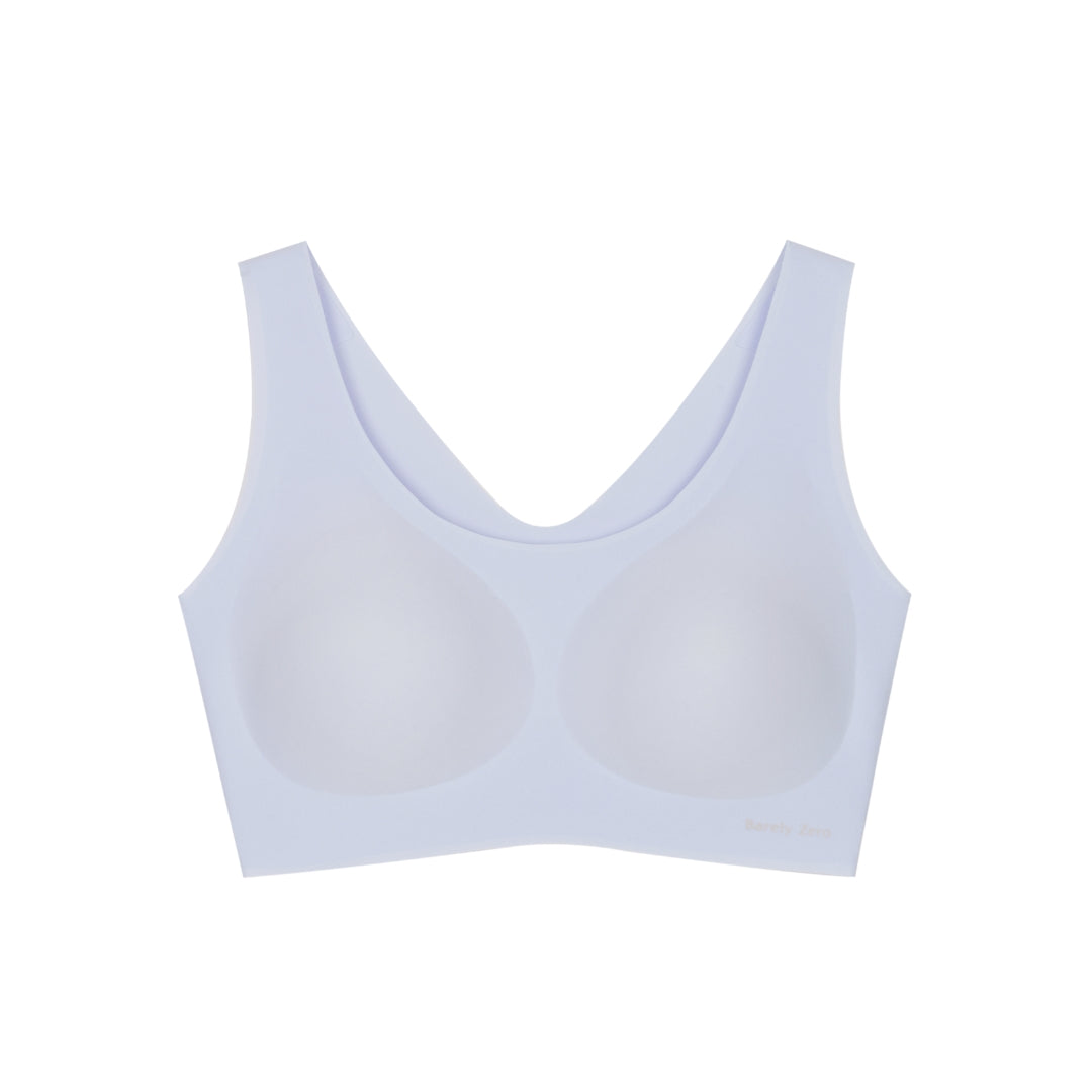 Flat lay image of blue bra with thick straps