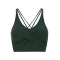 flat lay picture of a dark green color v-neck sports bra with ruched details and crossing back straps