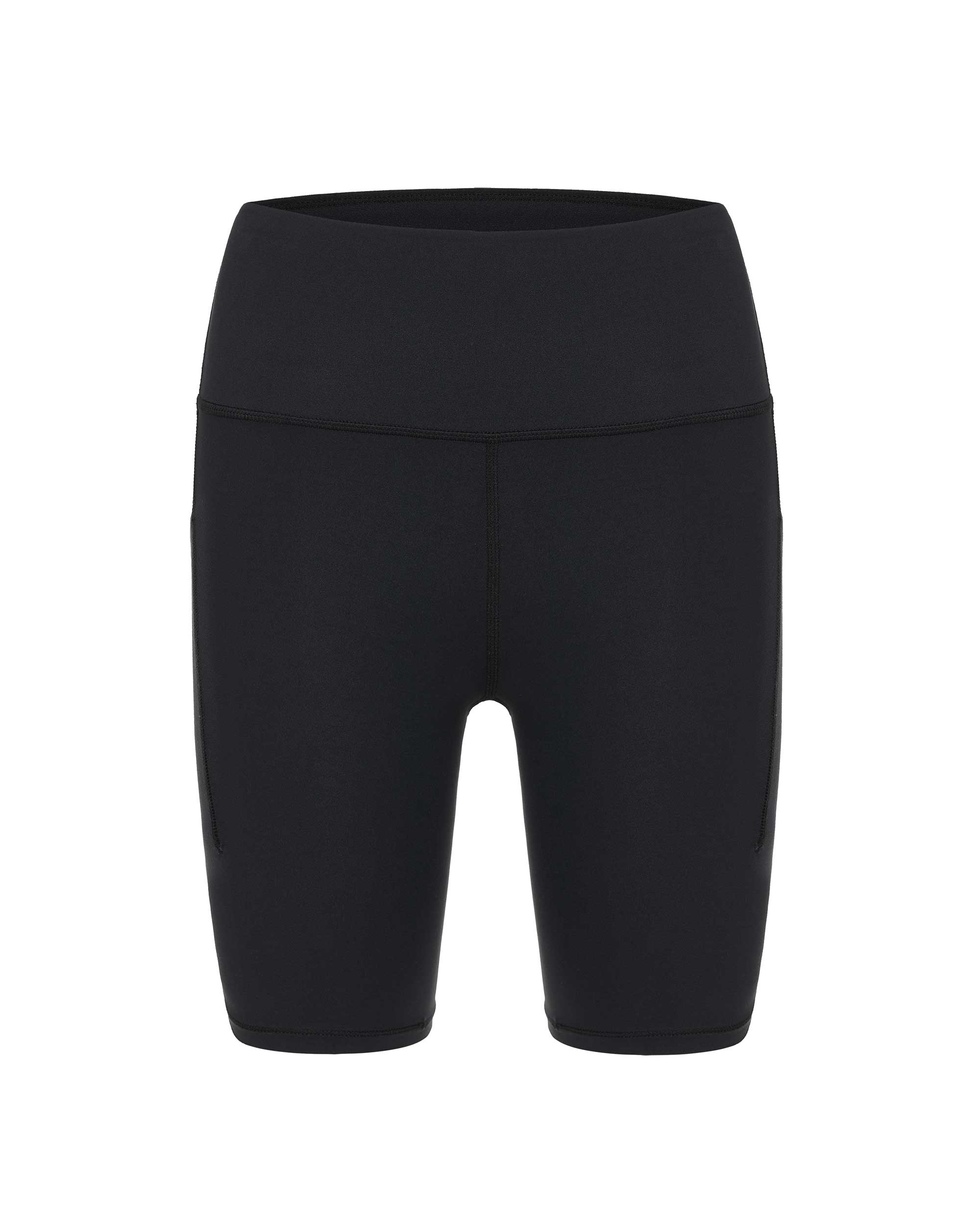 flat lay of black biker shorts