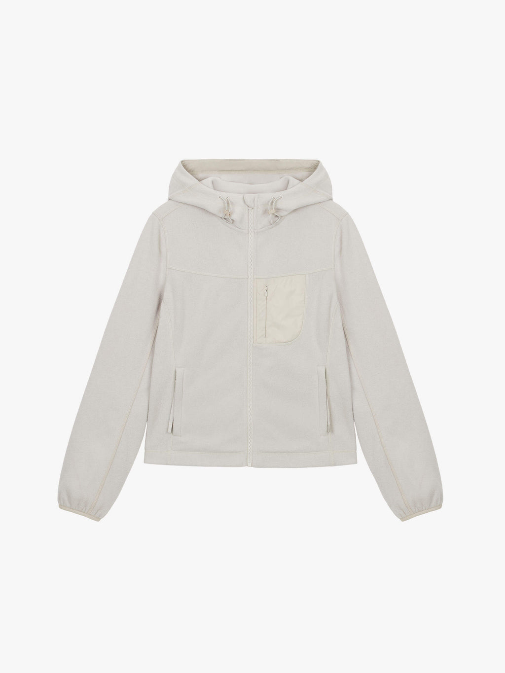 flat lay of beige hooded fleece jacket