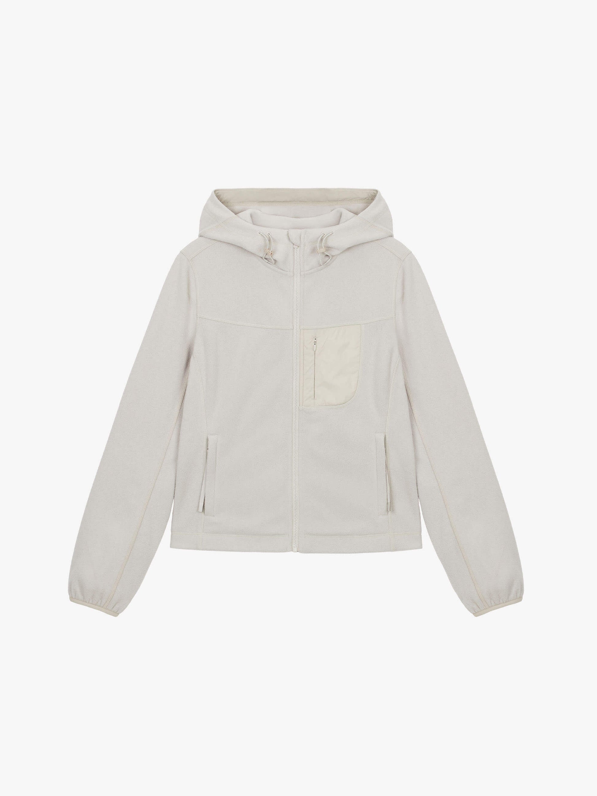 flat lay of beige hooded fleece jacket