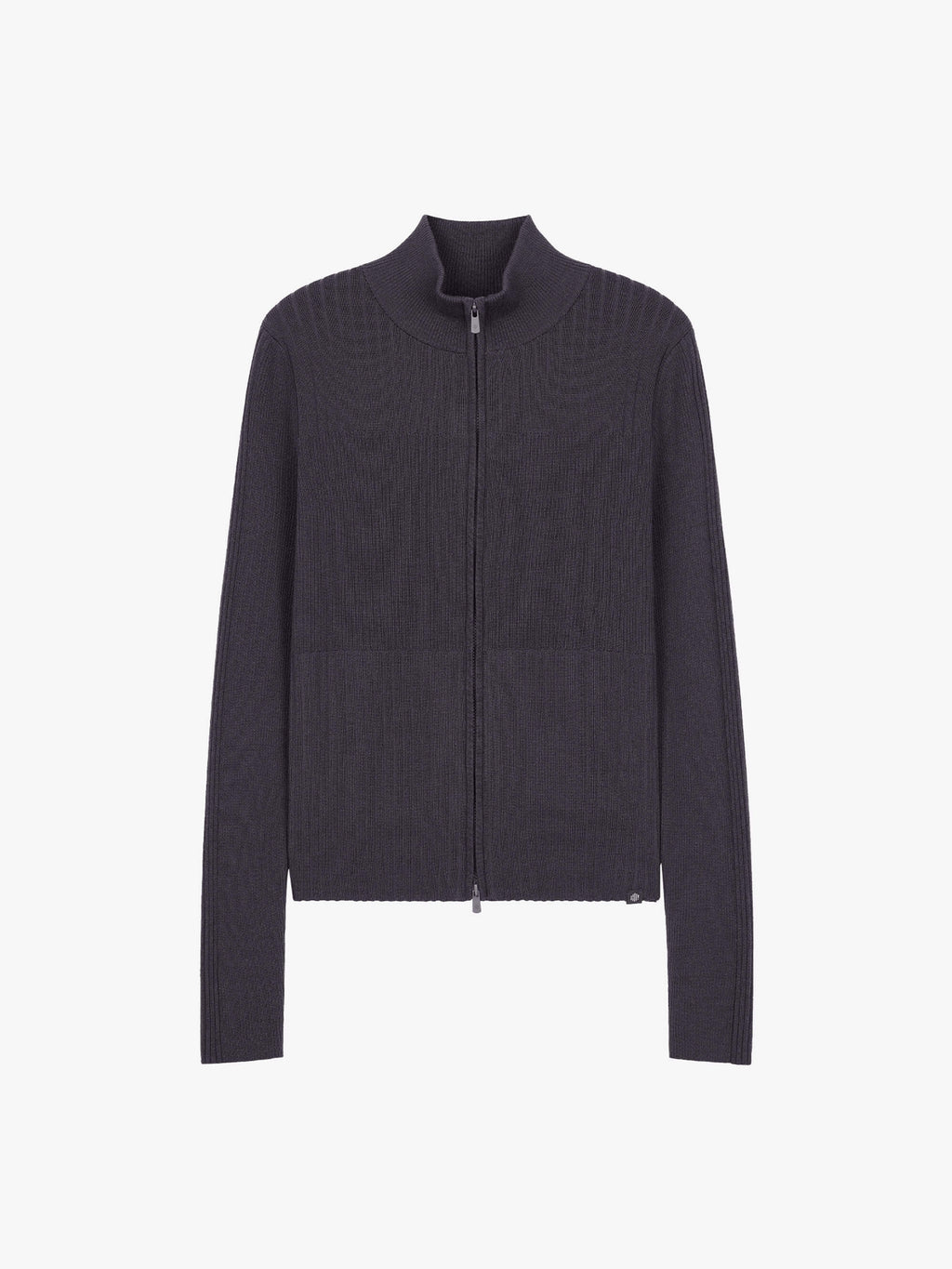 flat lay of dark purple ribbed zipped cardigan