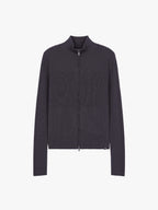 flat lay of dark purple ribbed zipped cardigan
