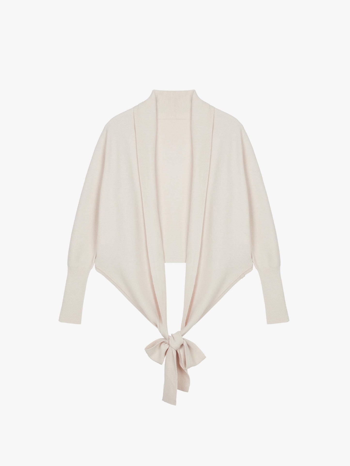 Flat lay image of knotted cream wrap sweater