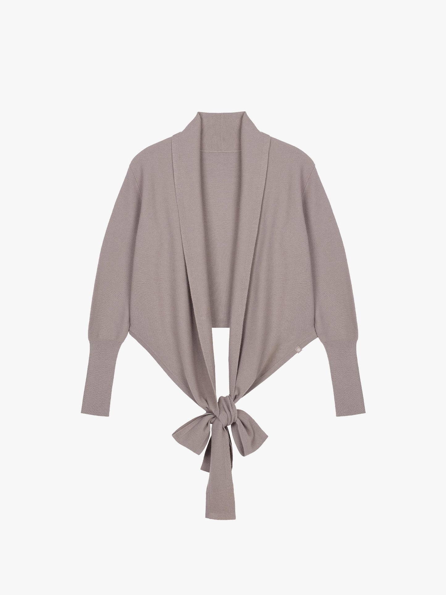 Flat lay image of knotted gray wrap sweater