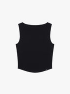 Flat lay of black sleeveless top with a ribbed lower section, displayed flat against a white background.