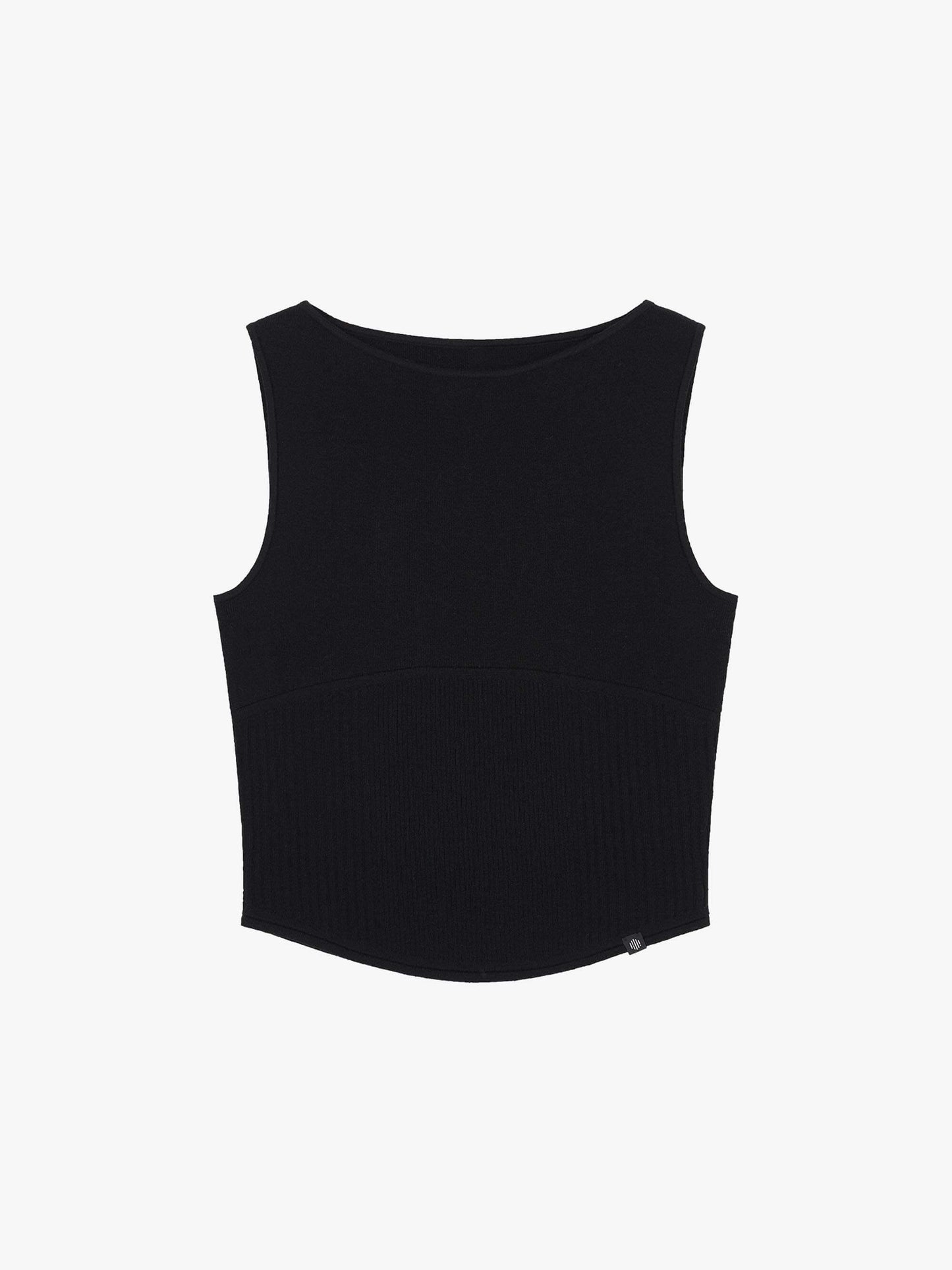 Flat lay of black sleeveless top with a ribbed lower section, displayed flat against a white background.