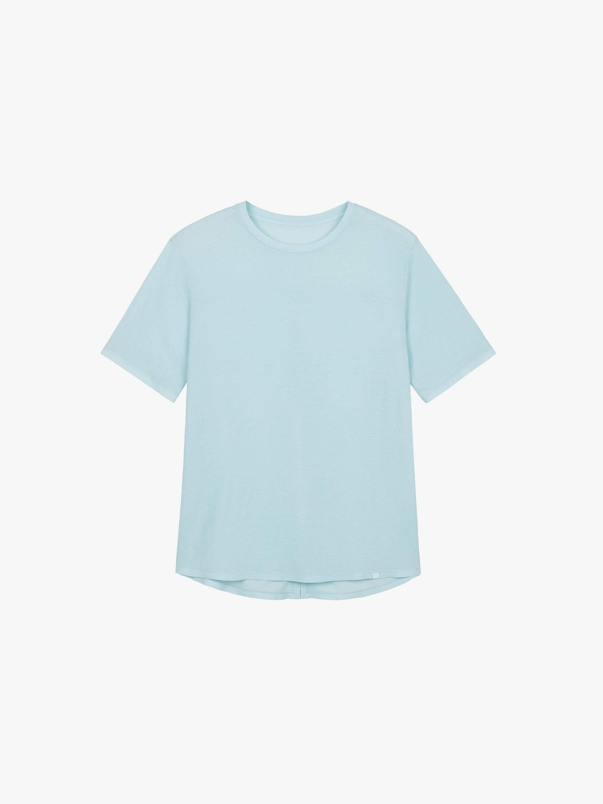 Flat lay of a light blue waffle short sleeve top, displayed flat against a white background.