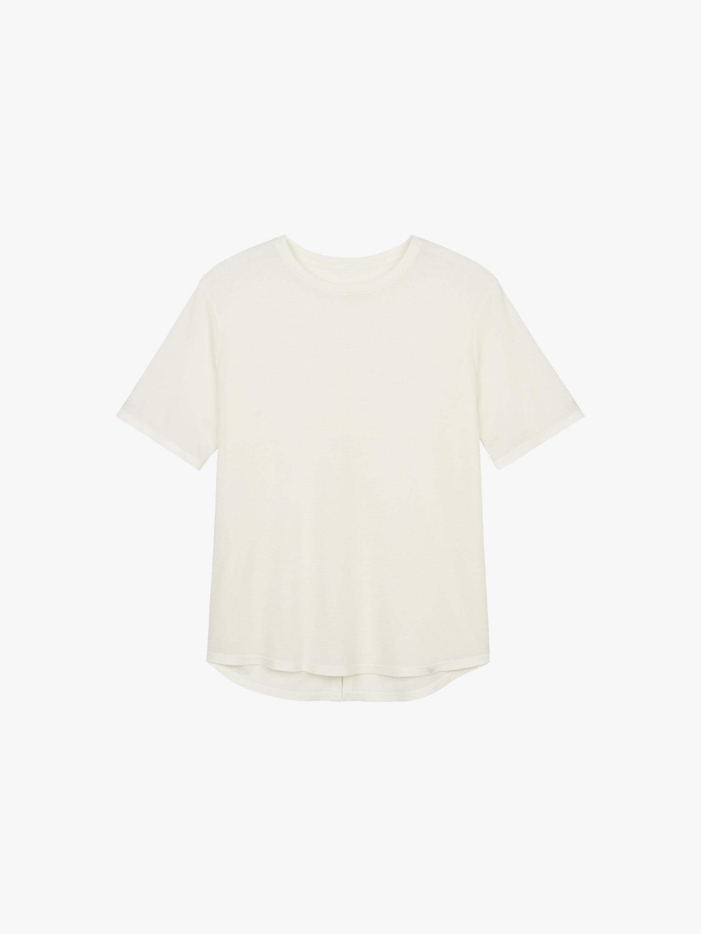 Flat lay of a white waffle short sleeve top, displayed flat against a white background.