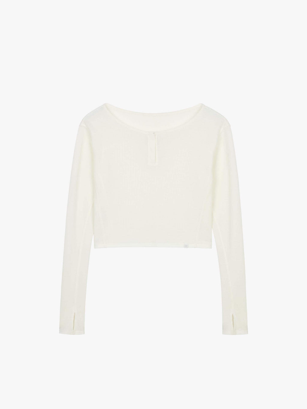 Flat lay of a white waffle long sleeve top, displayed flat against a white background