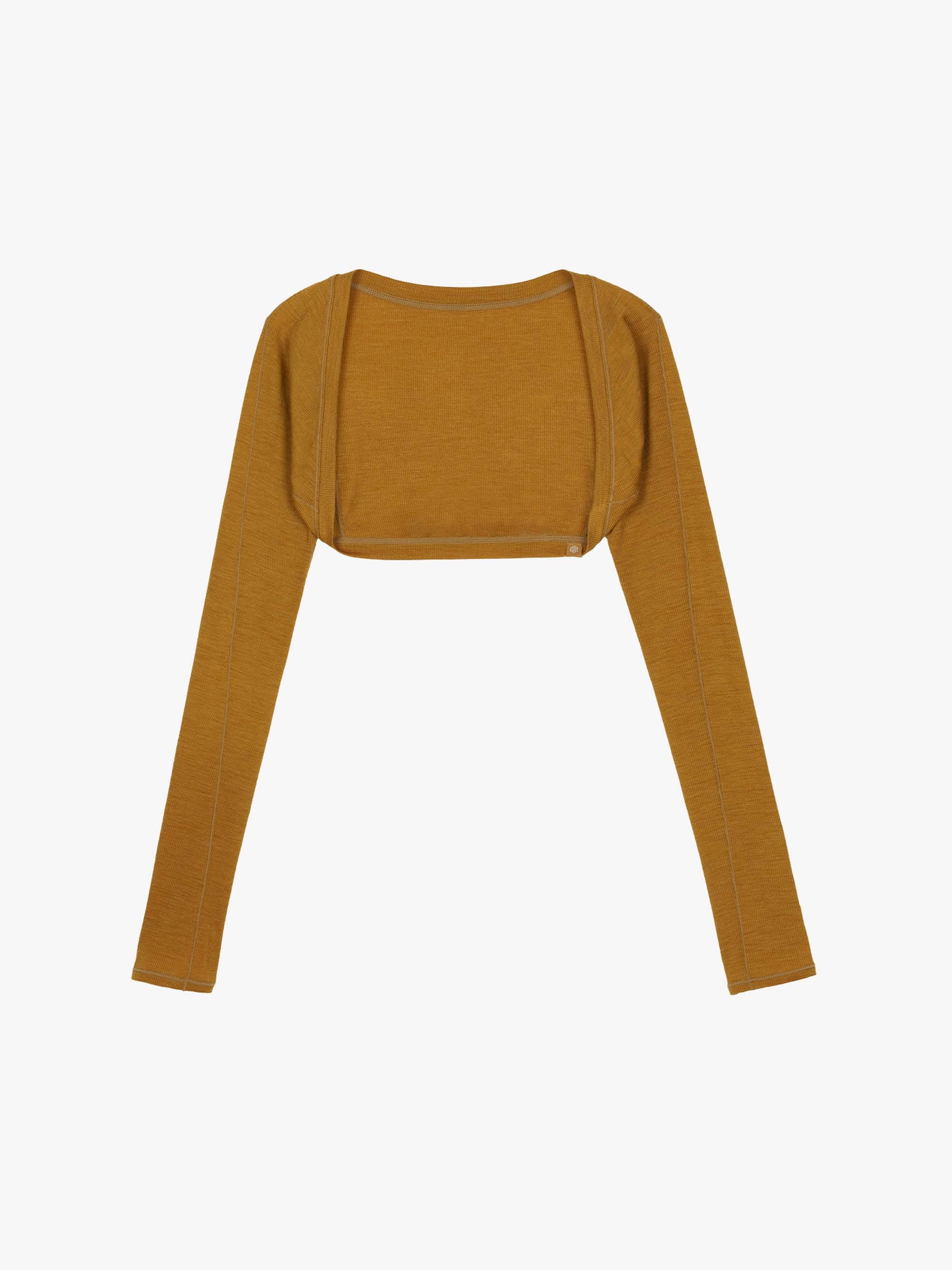 Flat lay of brown ballet wool ribbed shrug displayed against a white background. 