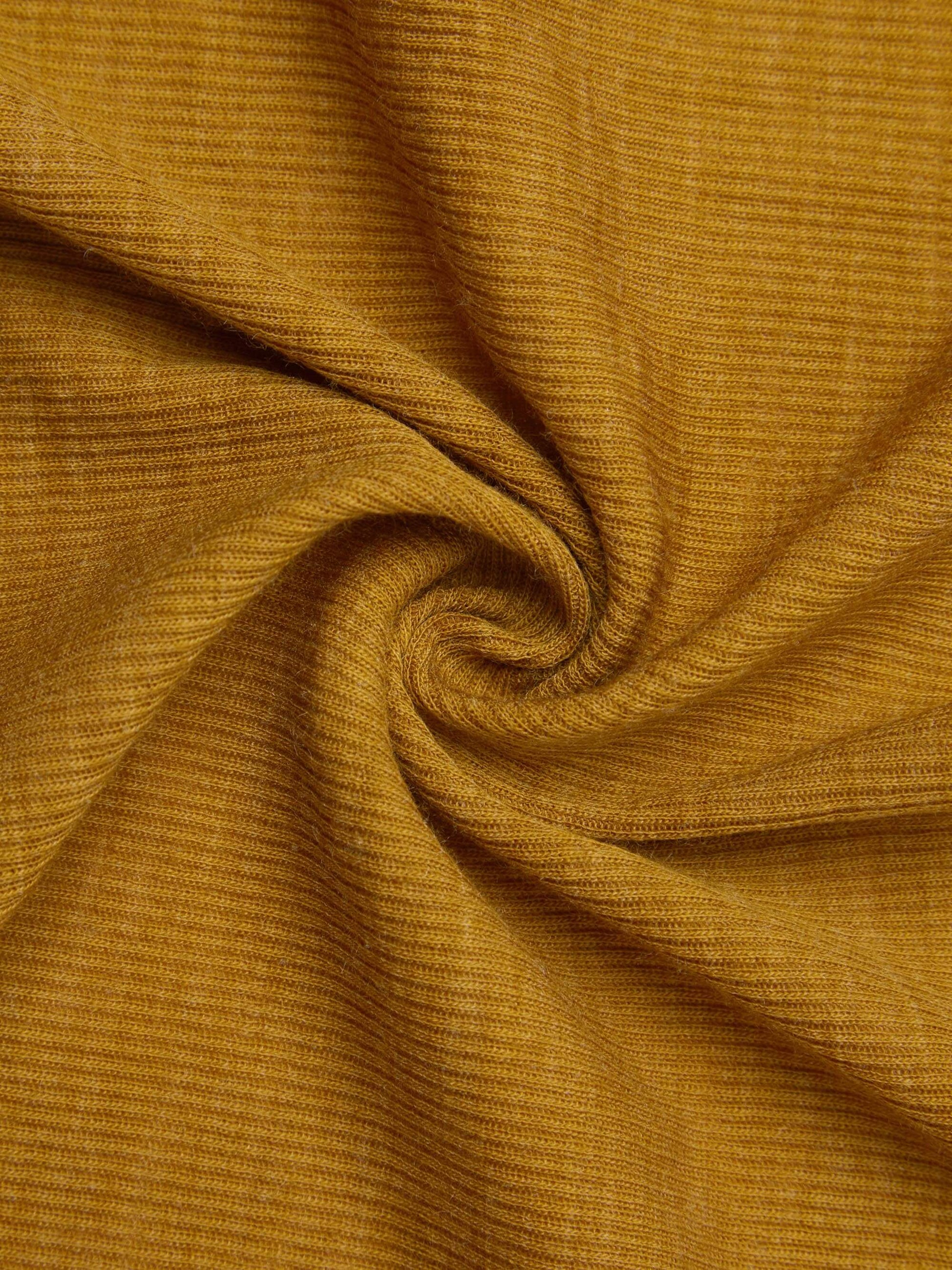 A close-up view of brown colored ribbed fabric, displaying its texture and knitting pattern.