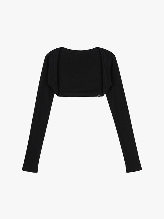 Flat lay of a black ballet wool ribbed shrug displayed against a white background. 