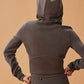 back of woman in dark gray hoodie and matching wide leg pants