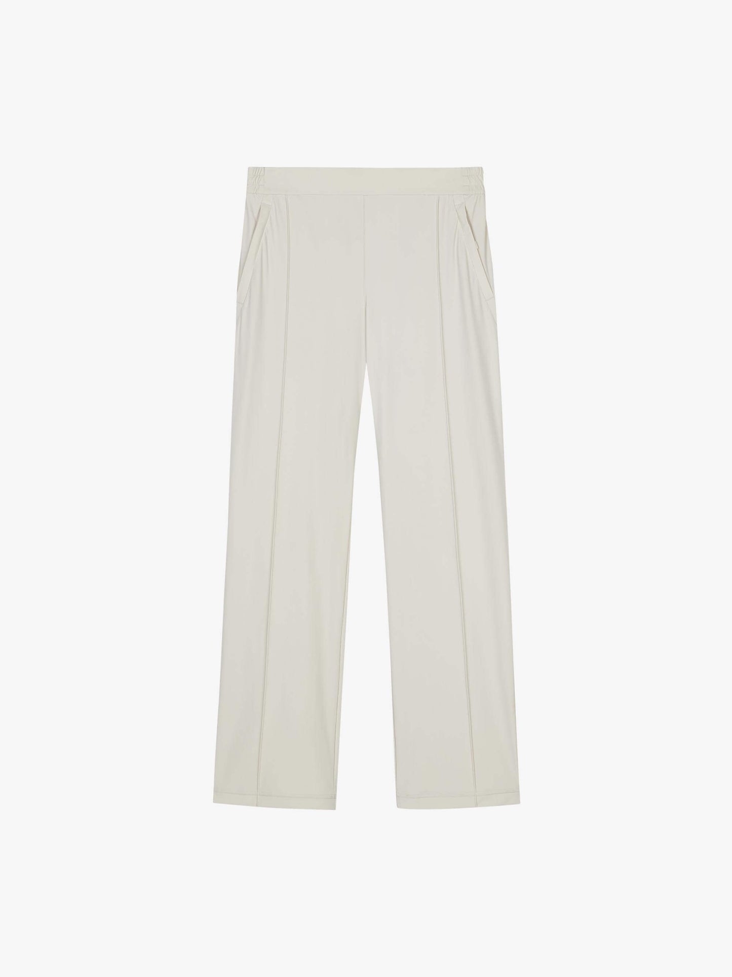 Flat lay of a pair of white straight-leg pants displayed on a white background, featuring a minimalist design with clean lines. The pants have a straight-leg cut, elastic waistband, and side pockets, showcasing a blend of comfort and style suitable for both casual and formal occasions.