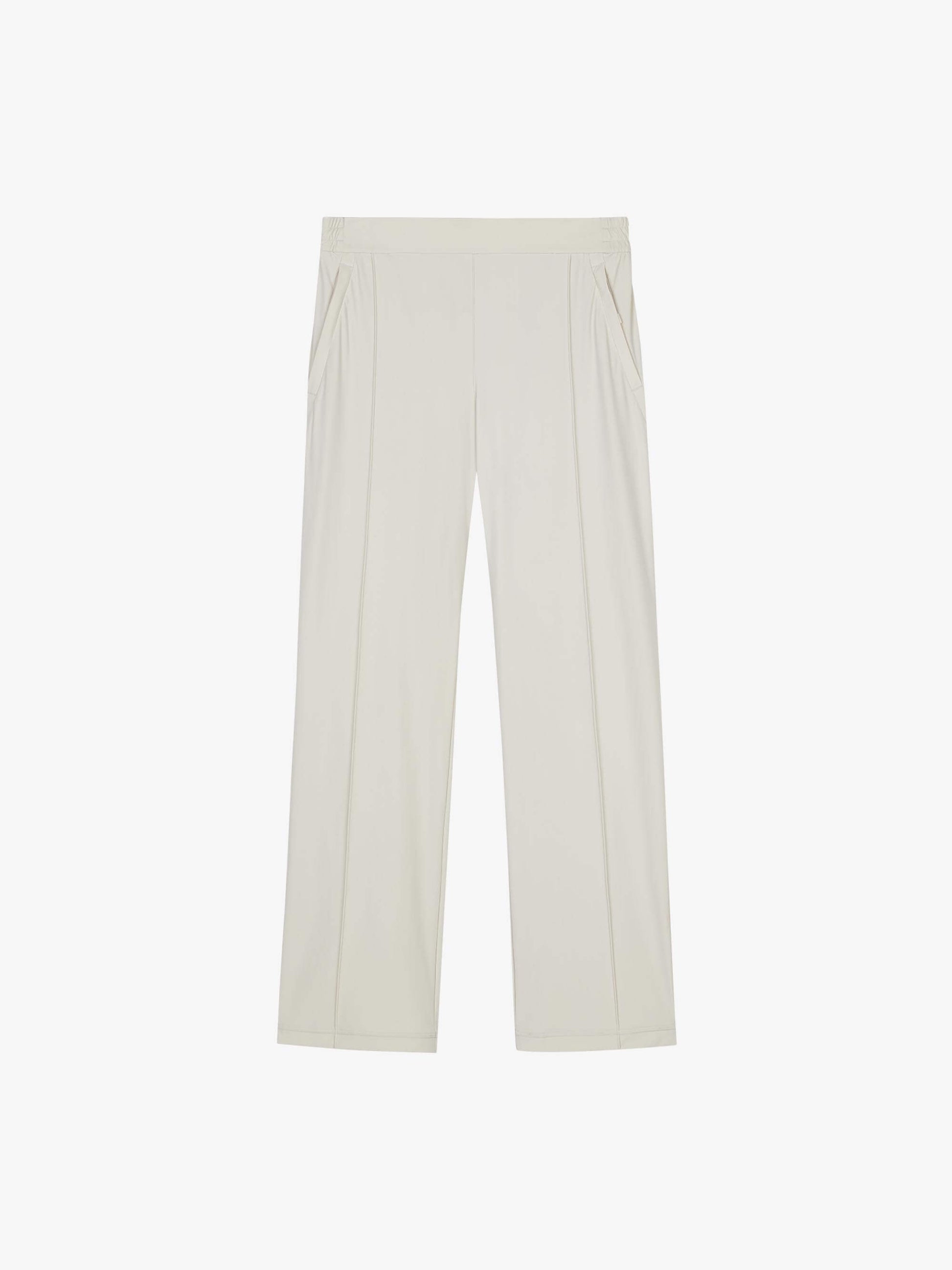 Flat lay of a pair of white straight-leg pants displayed on a white background, featuring a minimalist design with clean lines. The pants have a straight-leg cut, elastic waistband, and side pockets, showcasing a blend of comfort and style suitable for both casual and formal occasions.