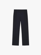 Flat lay of a pair of black straight-leg pants displayed on a white background, featuring a minimalist design with clean lines. The pants have a straight-leg cut, elastic waistband, and side pockets, showcasing a blend of comfort and style suitable for both casual and formal occasions.