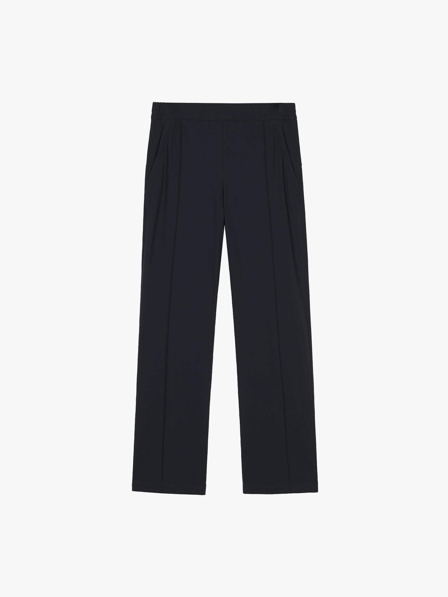 Flat lay of a pair of black straight-leg pants displayed on a white background, featuring a minimalist design with clean lines. The pants have a straight-leg cut, elastic waistband, and side pockets, showcasing a blend of comfort and style suitable for both casual and formal occasions.