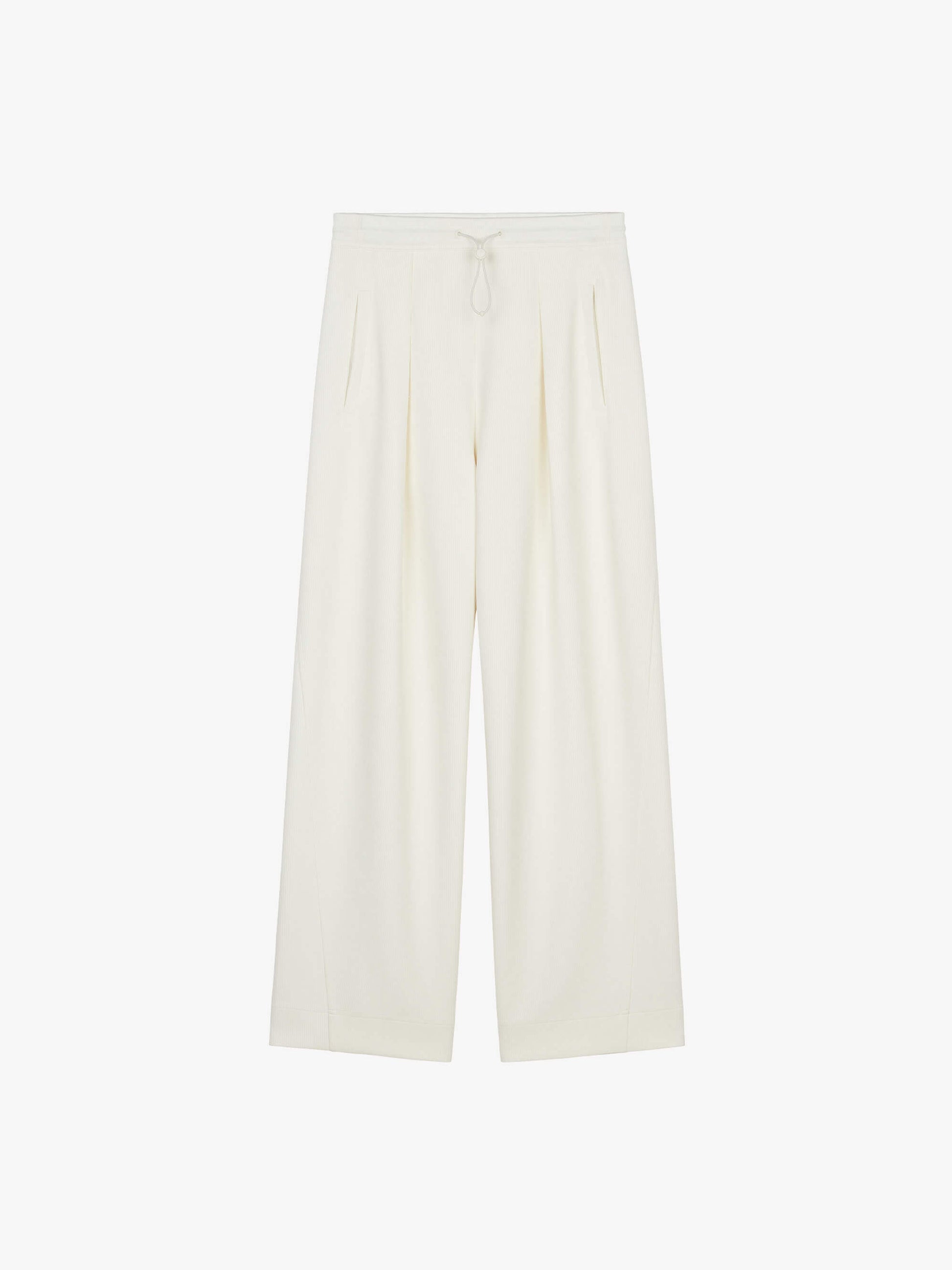 flat lay of white wide leg pants