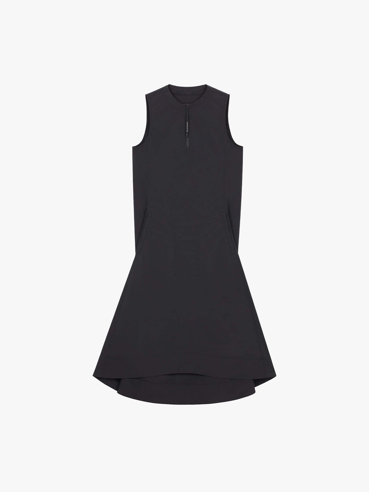 Flat lay of black tank dress with front zipper