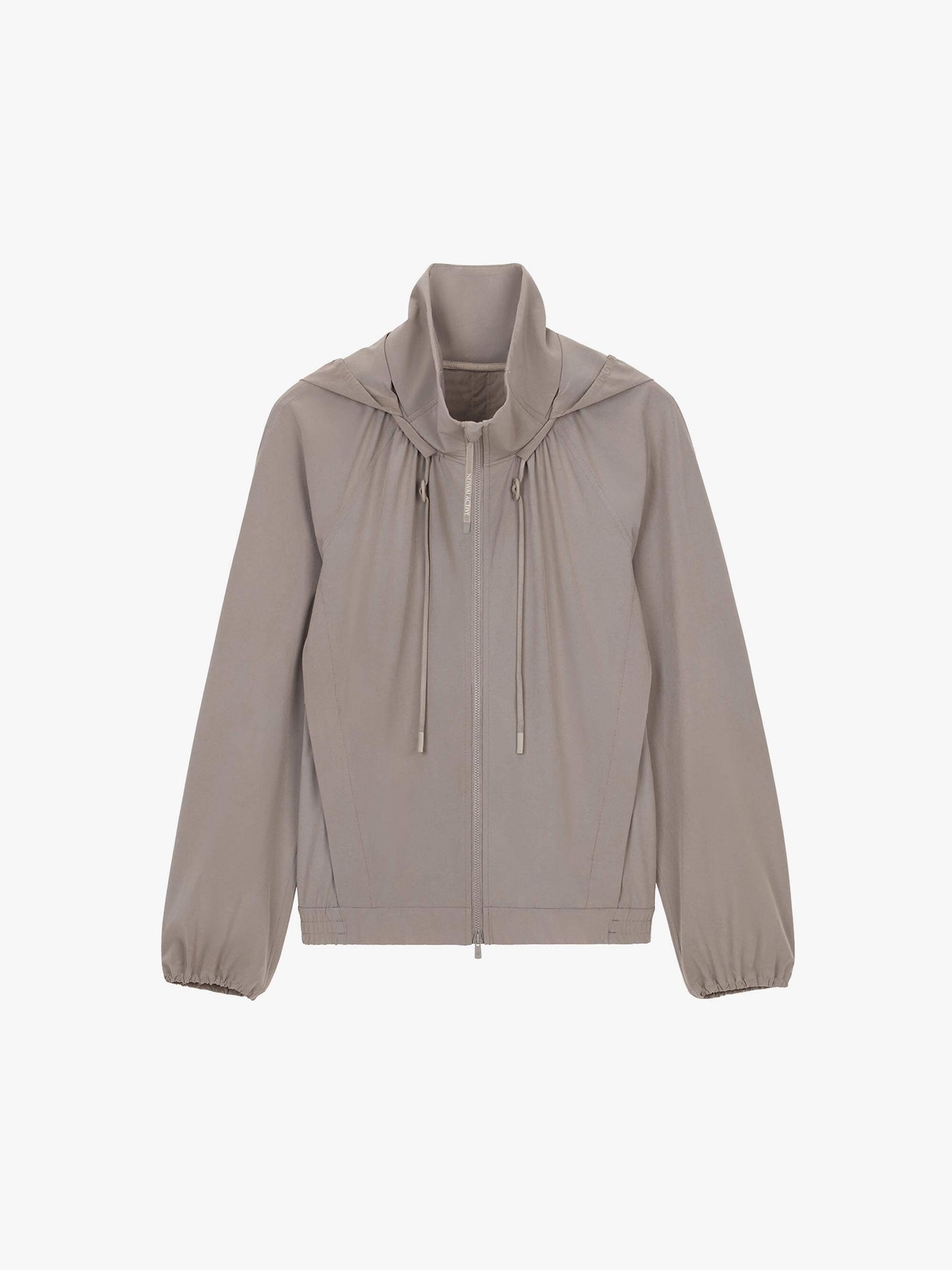 Product image of a taupe hooded jacket with a full front zipper, drawstring details at the neck, and elasticized cuffs.